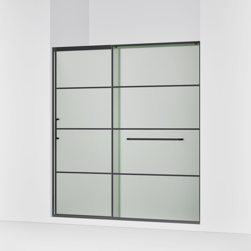 Sliding Shower Door, 75-1/2-In H X 68-1/4 - 71-5/8-In W, Frosted w/Rectangular Grid