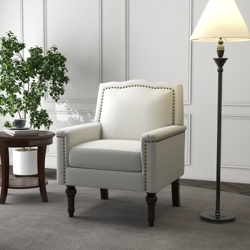 Upholstered Linen Cotton Armchair, Beige 100% Linen
