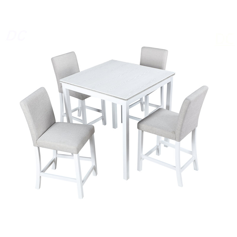 Ensemble de table 5 pièces à hauteur de comptoir, ensemble de table de cuisine en bois avec table carrée et 4 chaises rembourrées, ensemble de table de salle à manger à hauteur de comptoir avec décoration en cristal et ensemble de chaises pour la cuisine, la salle à manger, blanc, table