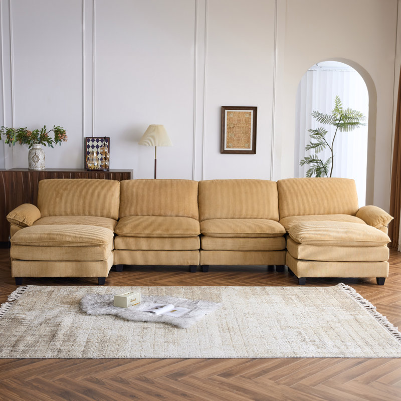 Latitude Run® 4-Seat Sectionals With 2 Ottoman, Khaki Corduroy