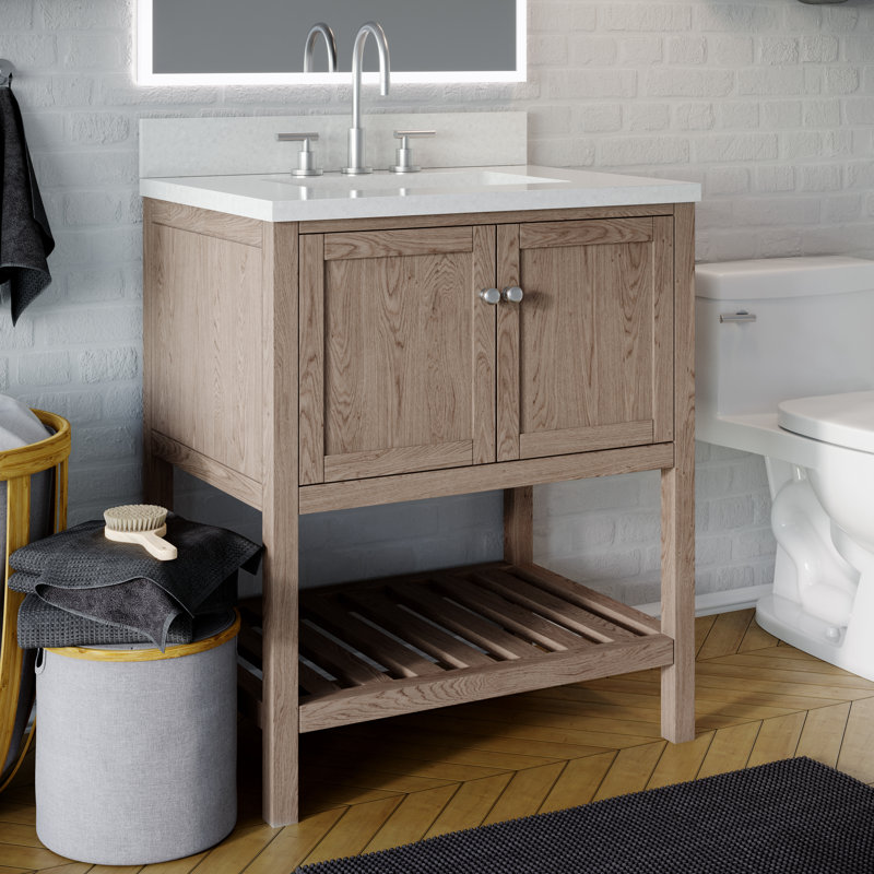 Ensemble de meuble-lavabo simple Riose, Quartz blanc glacier, Chêne patiné, 36"