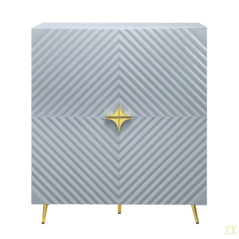 High Gloss Finish Accent Cabinet With Wave Pattern Design, Four Doors And Adjustable Shelves, Gray