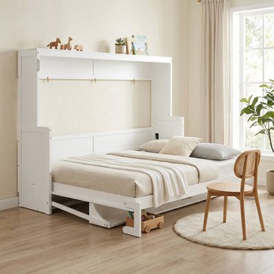 Queen Size Horizontal Murphy Bed with Desk, Modern Wood Wall Bed with Hydraulic Lift System, Space-Saving Cabinet Bed Frame for Home Office, Guest Room, Studio Apartment, White