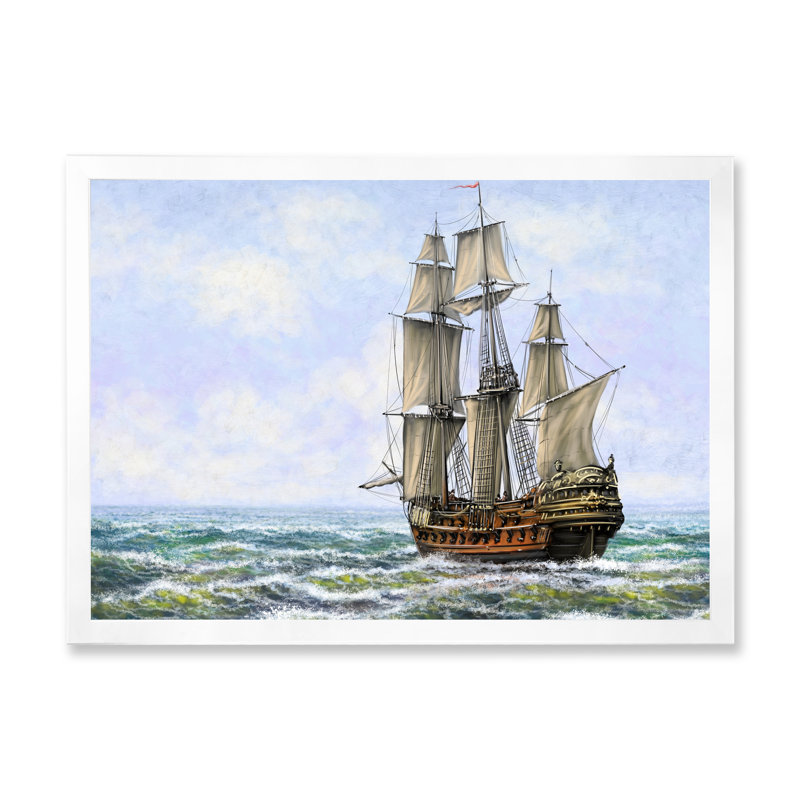 Old Naval Ship I - peinture sur toile, H 24 po x l 36 po x P 1 po, Cadre photo blanc