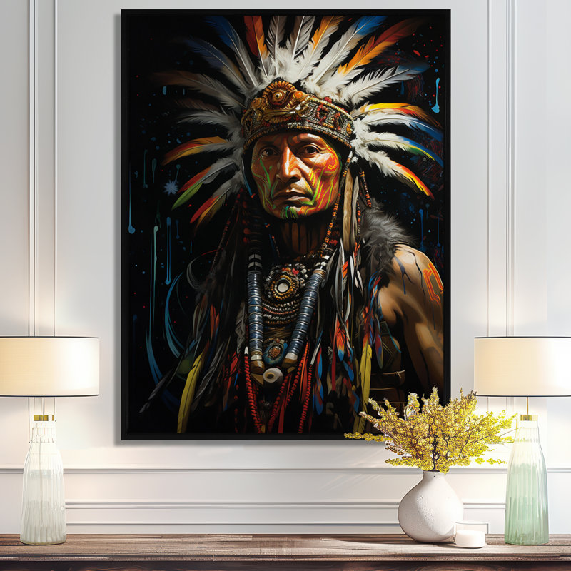Décoration murale indienne chef indien avec coiffe en plumes, H 32 po x l 16 po x P 1 po, Toile avec cadre flottant noir