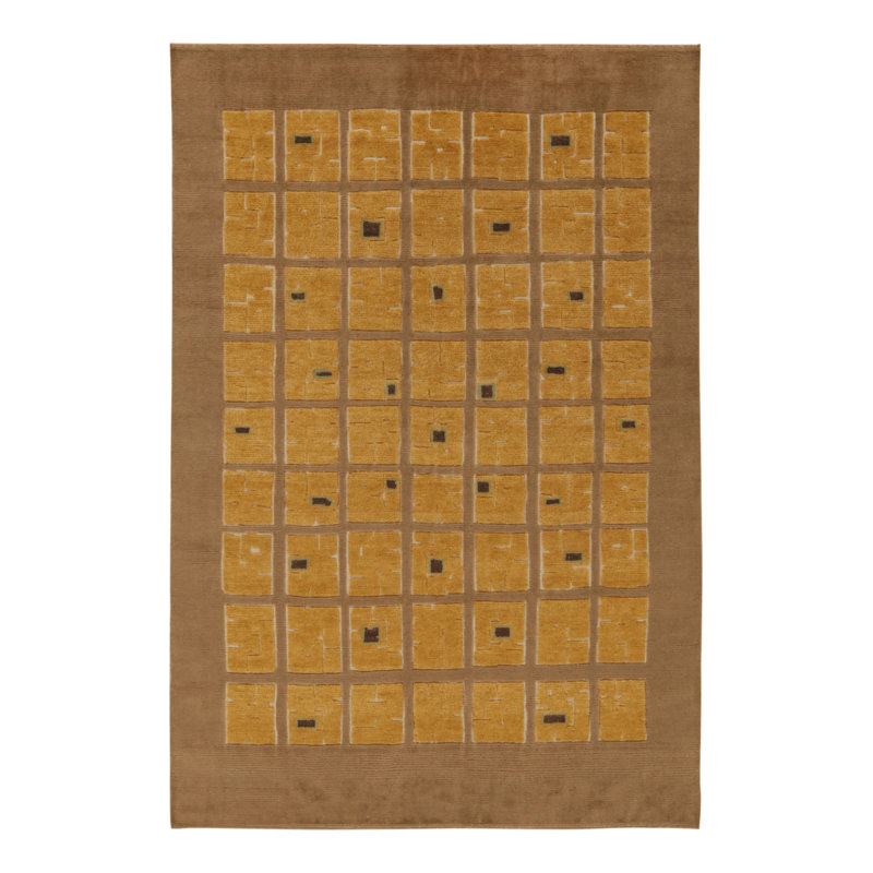 Rug & Kilim’S French Art Deco Rug In Beige-Brown With Gold Square Patterns, Rectangle 5' x 7'