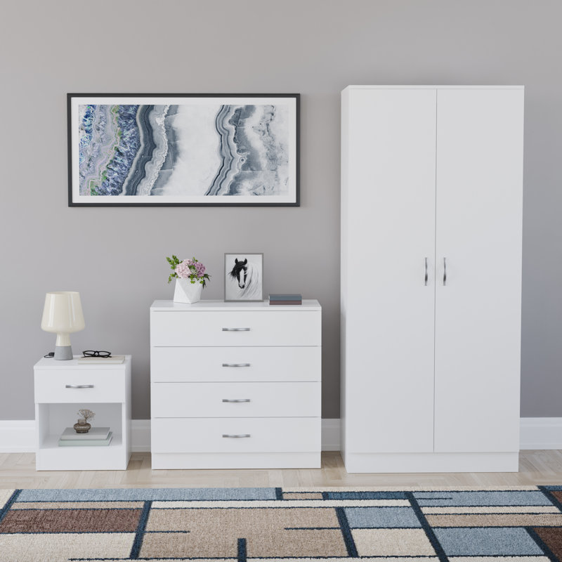 Maybery 3 Piece Bedroom Set (1 Drawer Bedside Cabinet, 4 Drawer Chest, 2 Door Wardrobe), (4), White