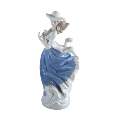 Porcelain Elegant Lady Blue Dress Hat Figurine with Rose 5"x4"x12"H