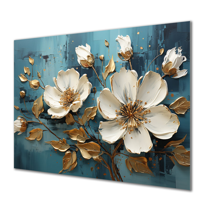 Fleurs blanches et bleues, coquelicots, arbre IV - Art mural floral abstrait en métal, H 16 po x l 32 po x P 1 po