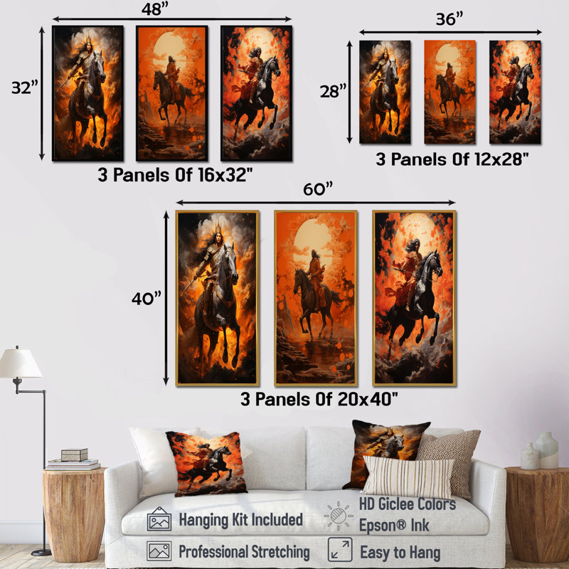 Hindouisme Suryas Dawn orange - ensemble de 4 décorations murales de l'hindouisme, H 28 po x l 36 po, Cadre flottant brun