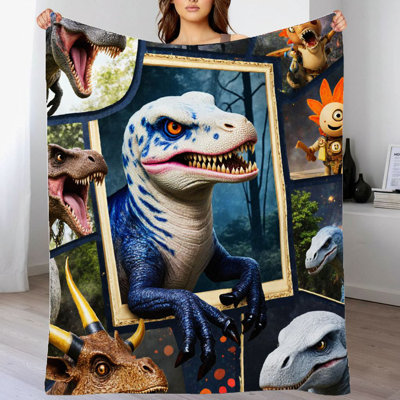 1Pc Custom Colorful Dinosaur Creature Flannel Blanket, Personalized Cartoon Dinosaur Blanket With Unique Design, Perfect For Kids Room, Sofa Decor, Birthday Gift. Soft, Cozy, Fun Keywords: Dinosaurs, Creatures, Cartoon, 30*40