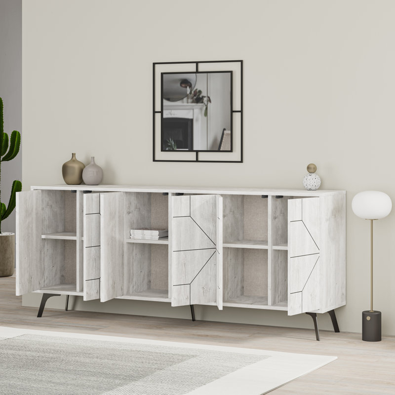 183cm Wide Modern Geometric Sideboard Storage with Push-to-open Doors, Ancient White