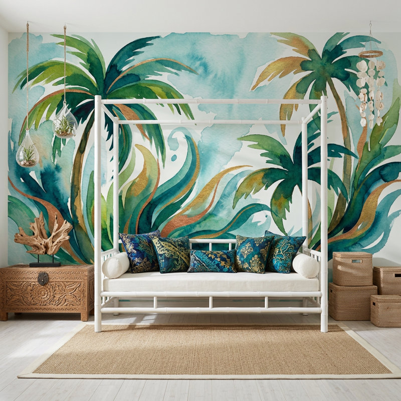 Papier peint tropical avec décoration murale aquarelle palmiers, 140 po x 108 po, Peler et coller