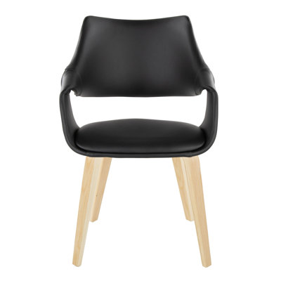 Chair In Natural Wood And Black Faux Leather - Set Of 2