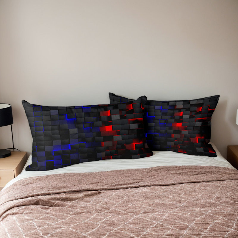 Blue And Black Geometric Microfiber Duvet Cover Set With Pillowcases, Digital Print Block Pattern Front With Solid Black Back, Reversible Bedding, Twin Full Queen King, Comforter And Pillow Inserts Not Included