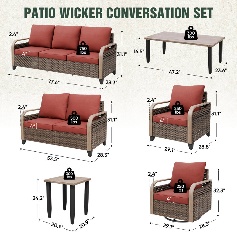 Ensemble de conversation de 8 pièces avec canapé et accoudoirs en osier brun pour terrasse, Rouge
