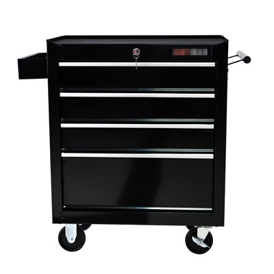 Black Rolling 4 Tool Chest With Lock - Garage Workshop Storage Organizer For Tools 4 Drawer Heavy Duty Repair Shop