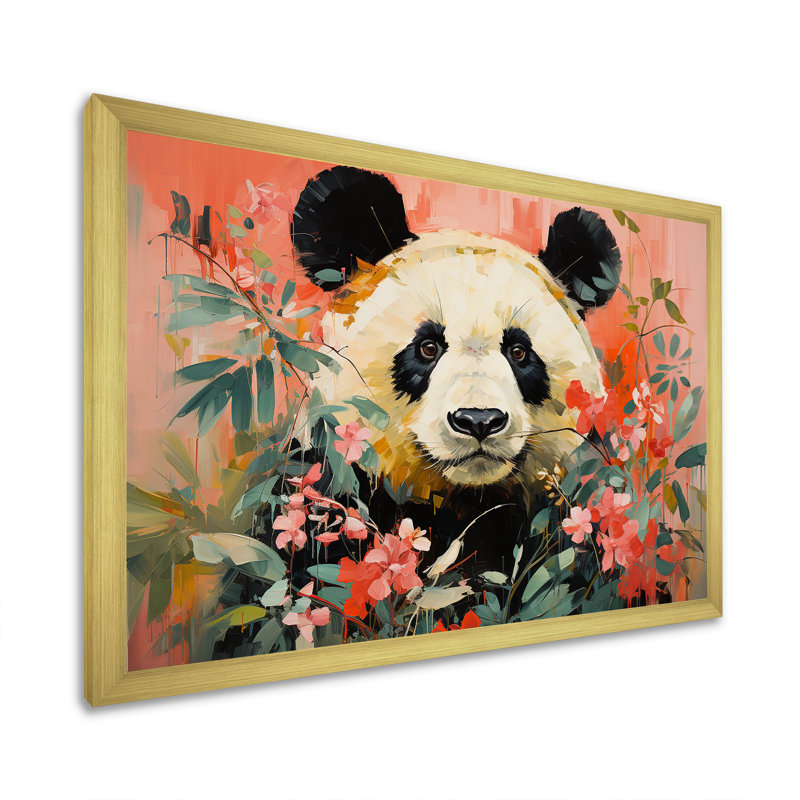 Panda blanc et rose en fleurs IV - art mural animal panda, Cadre doré à coins fermés, H 24 po x l 32 po x P 1 po