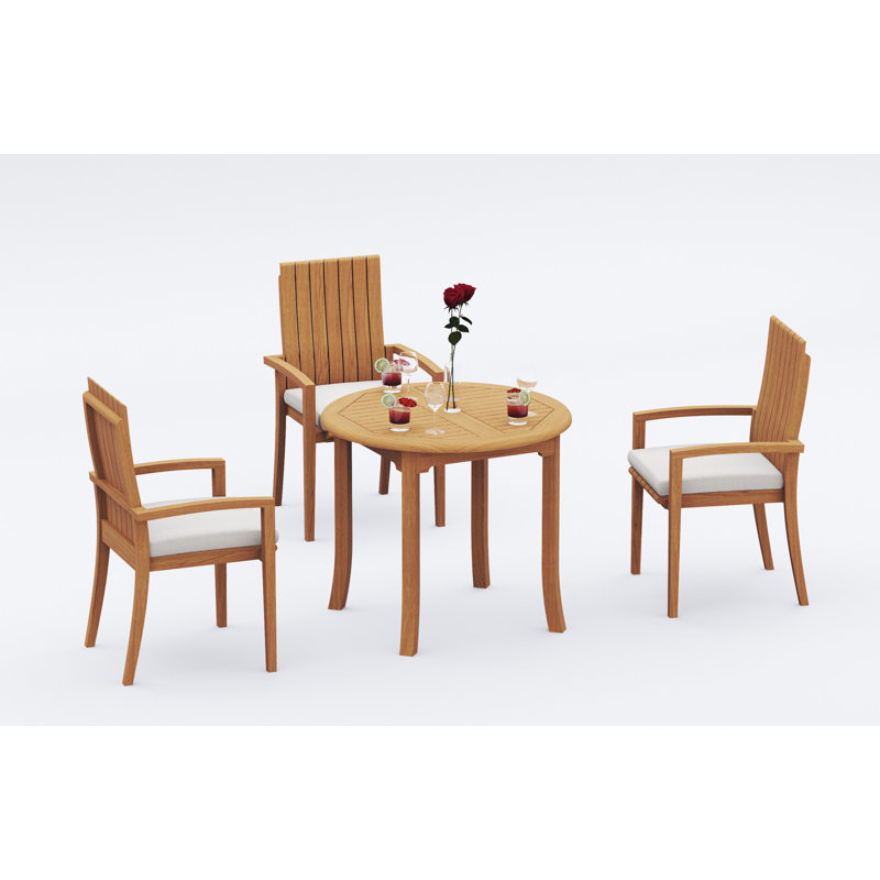 2 Seats 3 Pcs Grade-A Teak Wood Dining Set: 36" Round Table And 2 Goa Stackng Arm Chairs #11GO0702, 3