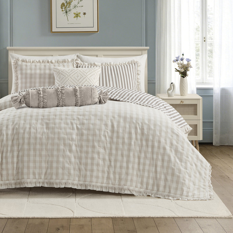Peri Home Gingham & Stripe Reversible Quilt Set, King, Beige