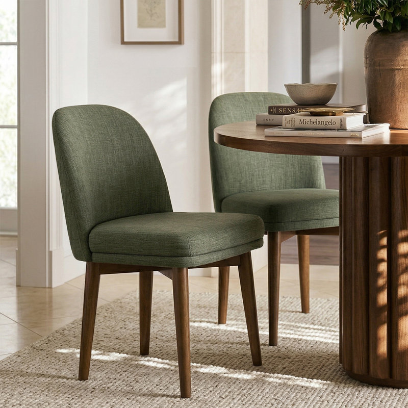 Olive Green Linen Dining Chairs with Solid Wood Legs, Green