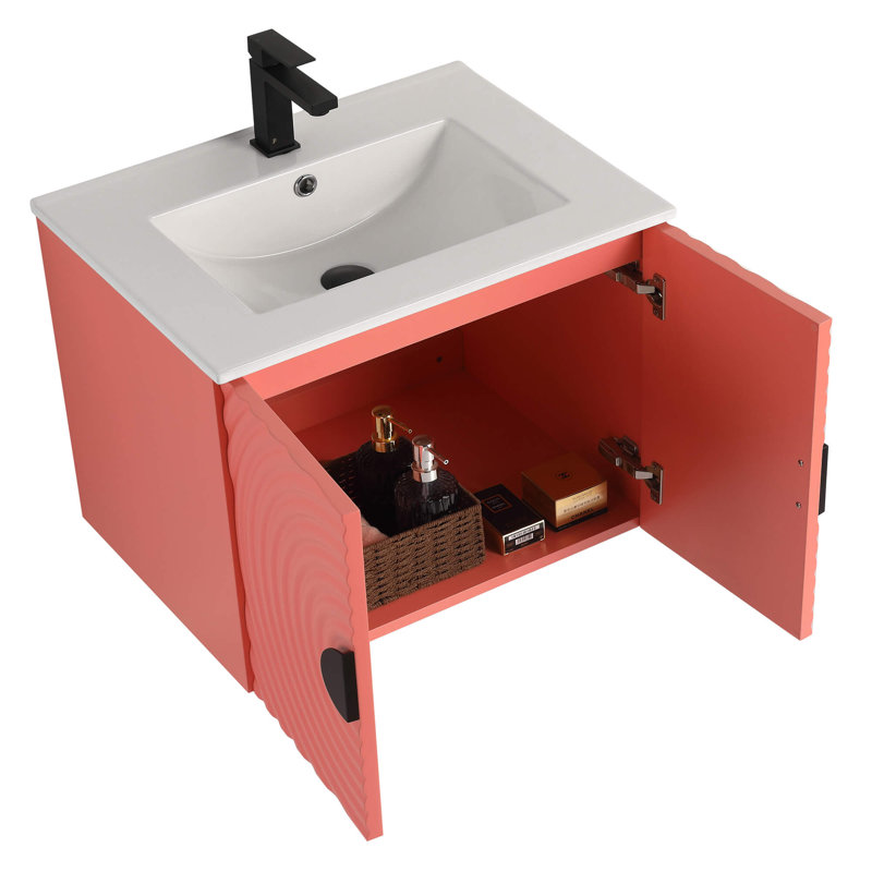 Meuble-lavabo moderne avec portes circulaires cannelées de 24 po de largeur Pell Pixell, Rose corail