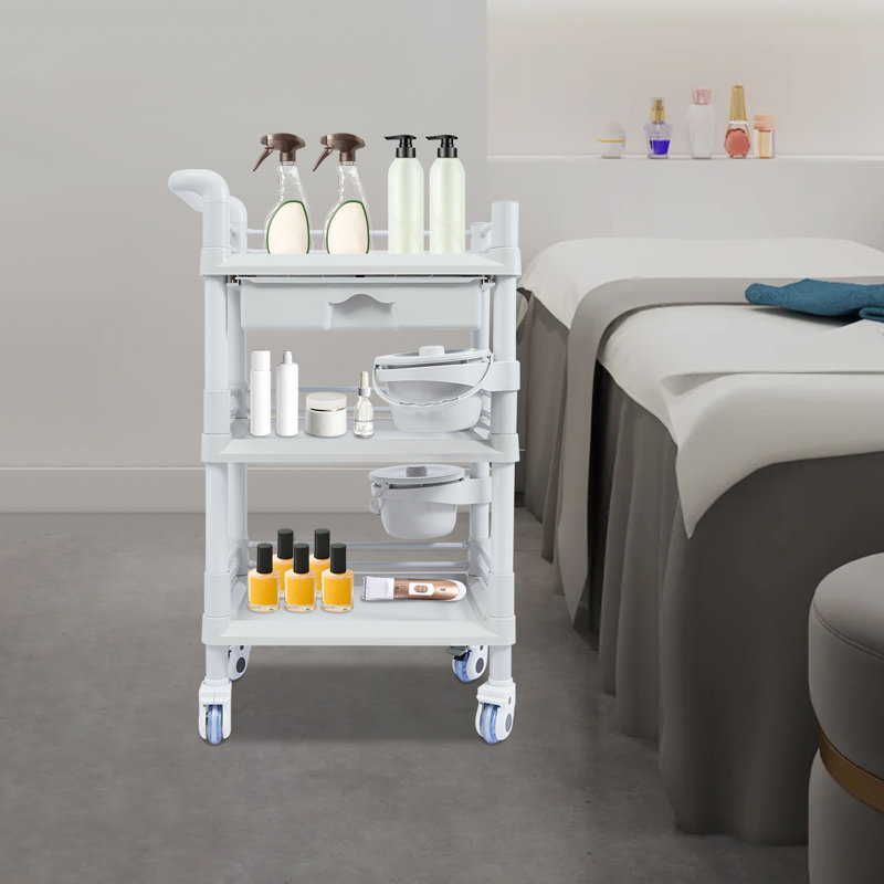 Chariot de rangement de salon de beauté 3 niveaux avec tiroir et roulettes, Gris / Blanc