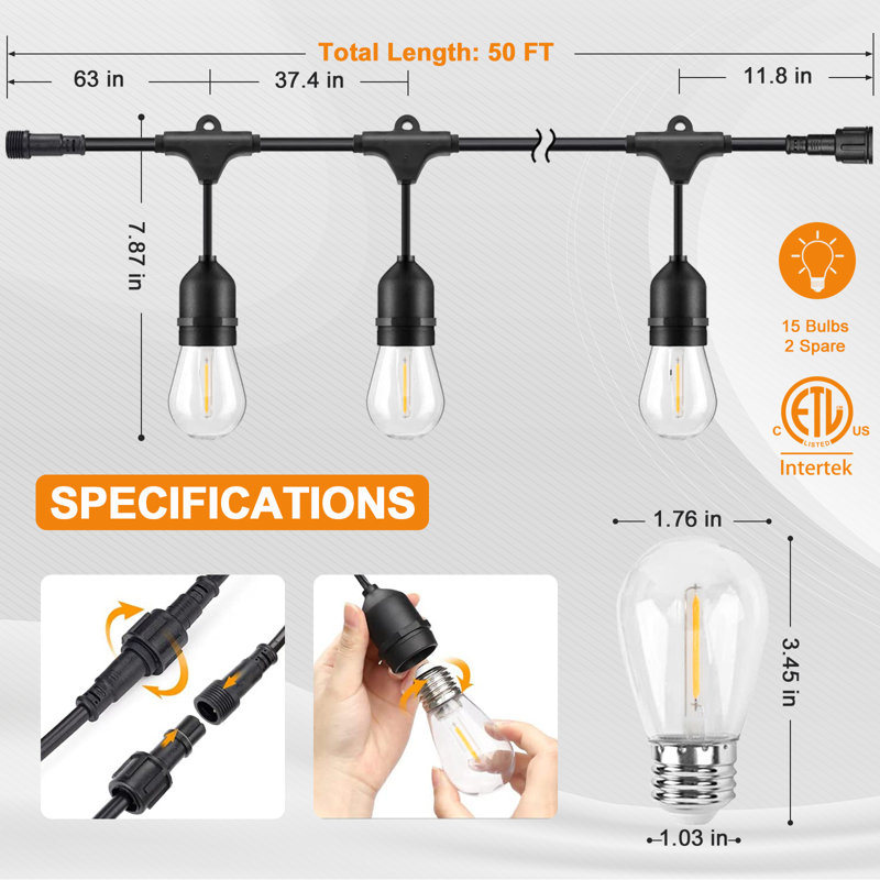 50' Black Solar Powered Outdoor String Lights with Warm White LED Bulbs