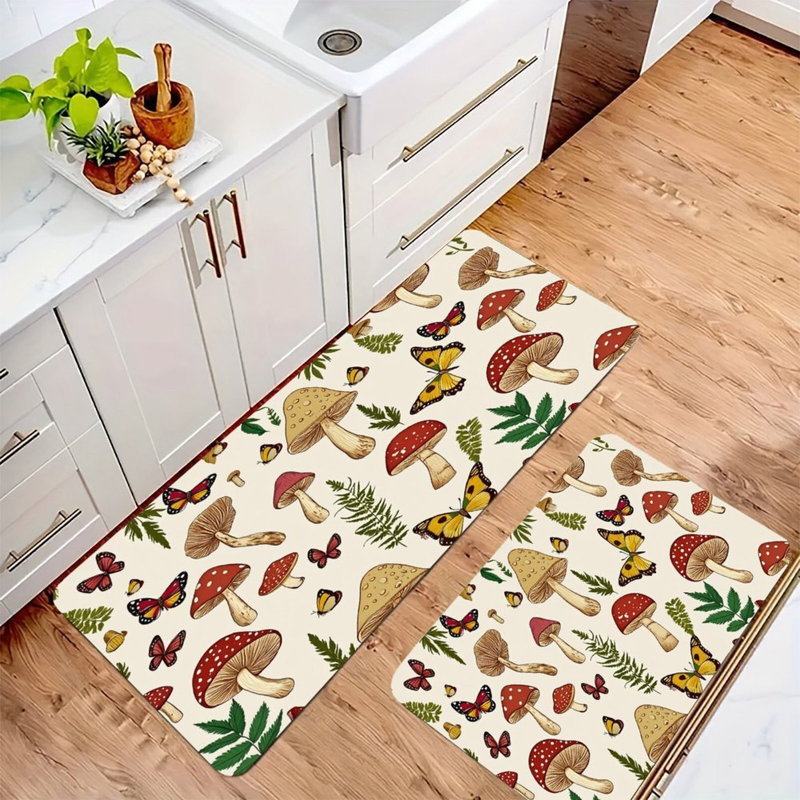 Ensemble de 2 tapis de cuisine beige papillon