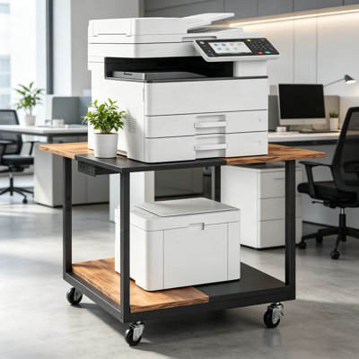 Grand support d'imprimante avec station de charge, chariot d'imprimante sur roulettes, brun rustique et noir, pour le bureau ou le salon