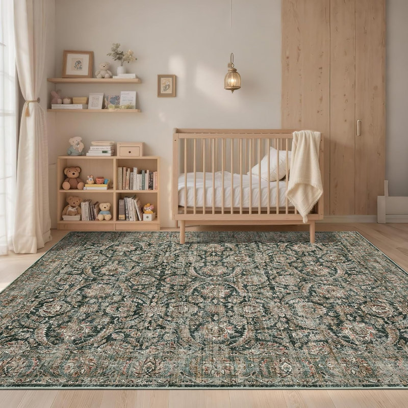 Washable Runner Rug – Vintage Distressed Design, Non-Slip, Soft Bath Mat for Kitchen, Entryway, Laundry, Rectangle 5' x 7'