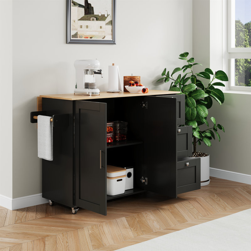 Kitchen Island With 3 Drawers And 2 Doors, Black