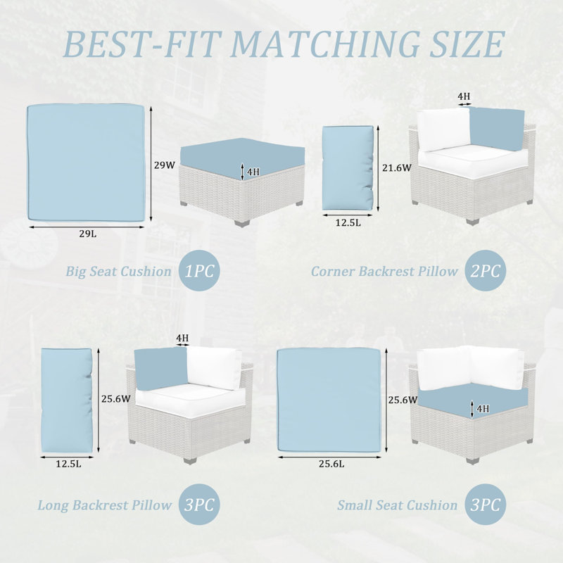 Outdoor 4" Thick Replacement Cushion Set Seat/Back Cushion (Set Of 3 Seats , 3 Backs , 2 Short Backs , 1 Footrest), Sky Blue