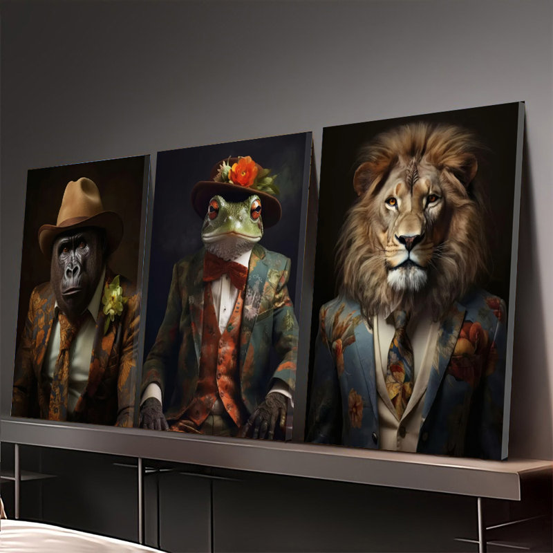 3 pièces d'art mural, affiche fantaisiste encadrée sur toile, ensemble de 3 animaux - Dapper Gorilla Frog, 20" H x 30" W