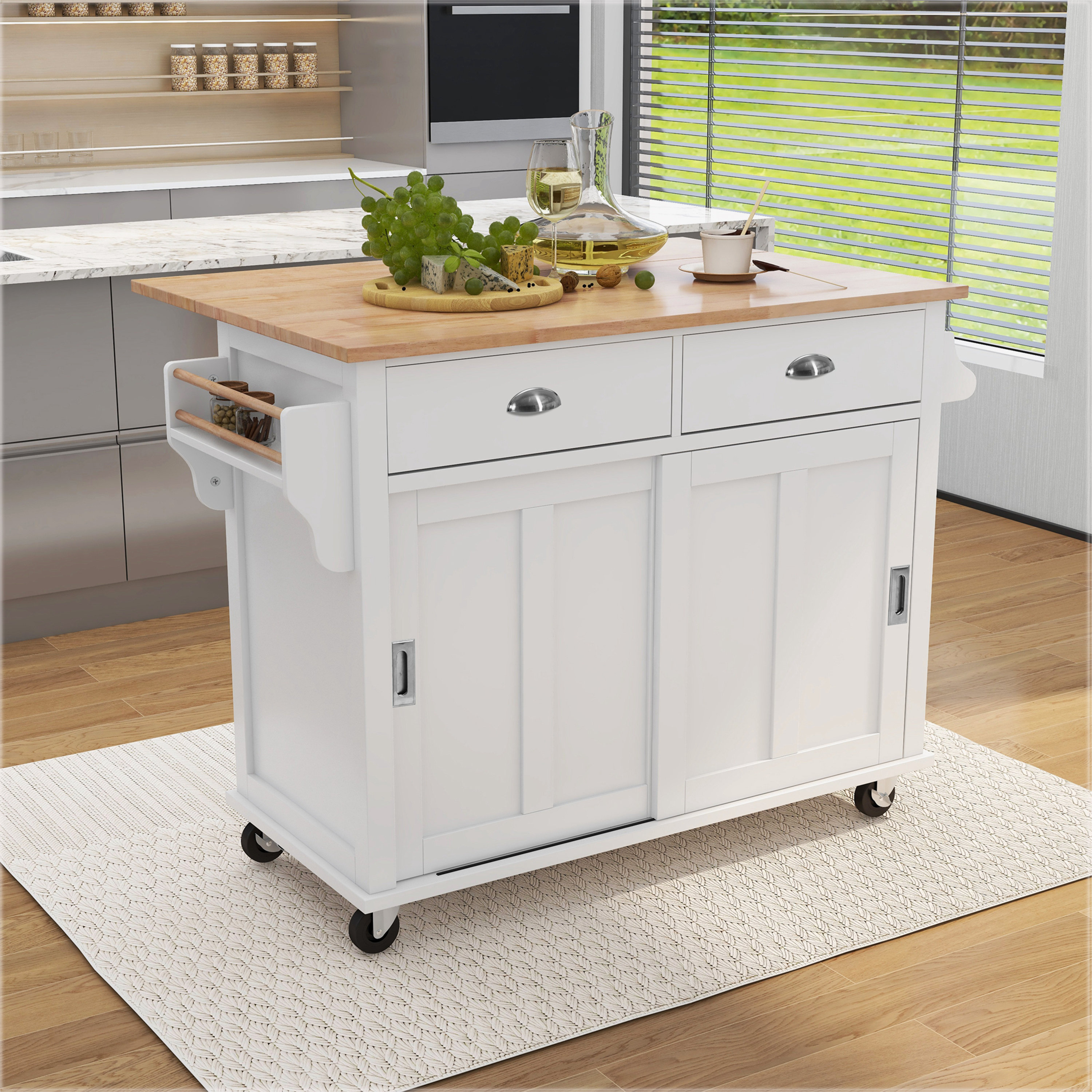 White Wood 50.3 in. Kitchen Island Set with Drop Leaf and 2