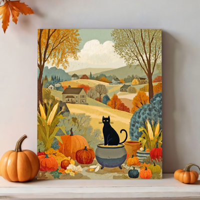 «Black Cat and Pumpkins Autumn Harvest», art mural sur toile tendue