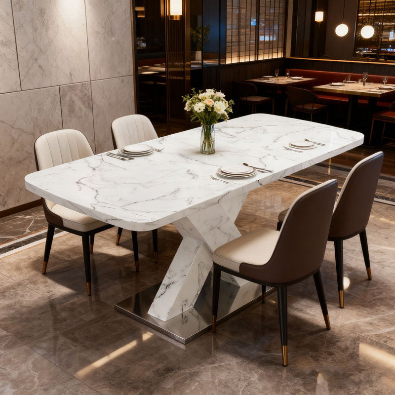 Table de salle à manger rectangulaire moderne avec plateau en marbre et MD, Blanc, Blanc