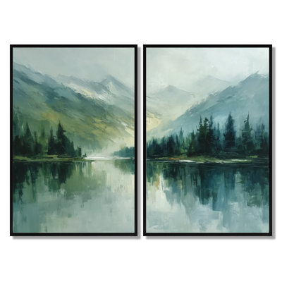 «Green Black Lake Breeze Sunrise Mist», reproduction d'art sur toile encadrée, paysage vert, art mural 2 pièces