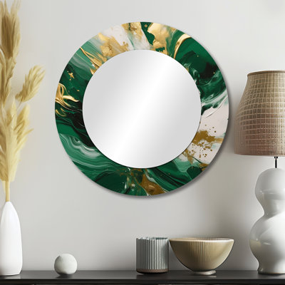 Green and Gold Serene Cascade II - Abstract Mirror, Green Round Unique Wall Mirror, Printed Metal Art