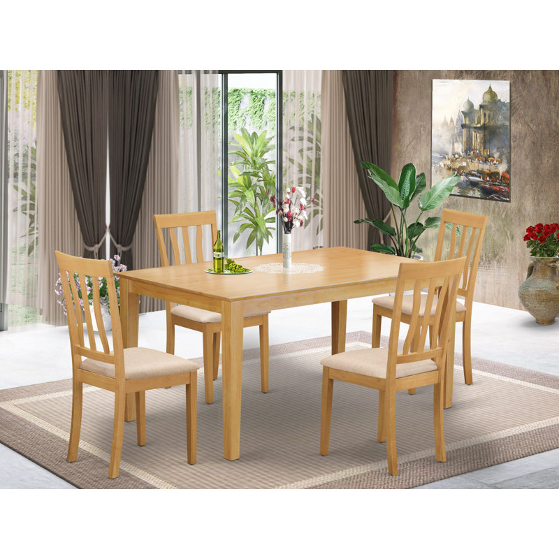 Ensemble de table de salle à manger 5 pièces moderne comprenant une table rectangulaire en bois et 4 chaises en tissu de lin, chêne