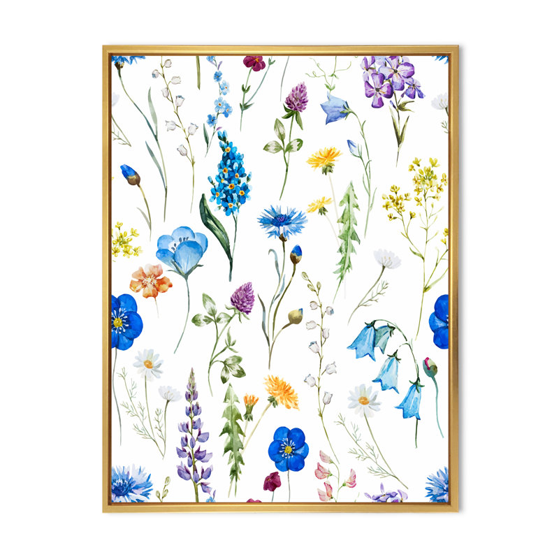 Fleurs bleues sauvages - Peinture sur toile, H 32 po x l 16 po x P 1 po, Toile encadrée dorée