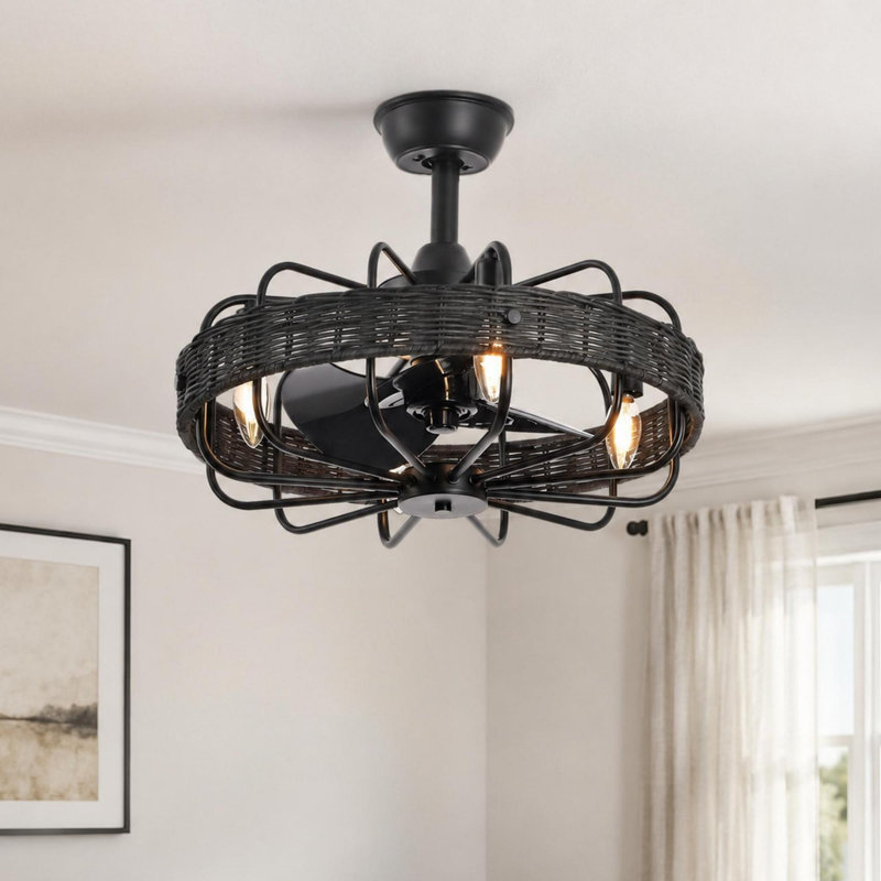Ventilateur de plafond en rotin 18 po avec lumière et télécommande, Noir