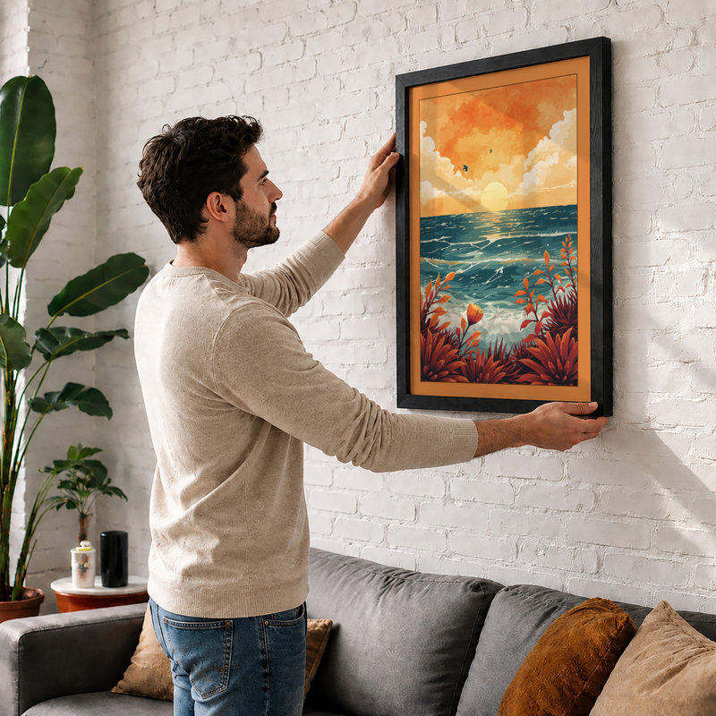 Sunset Over Turbulent Waves Coastal - Print, Walnut, A1 - 84.1 x 59.4 cm