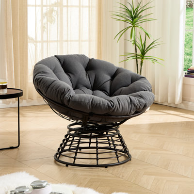 Fauteuil pivotant 360 avec design ergonomique et coussin gris, structure en acier brun pour une relaxation intérieure et extérieure, coussin d'amusement approprié