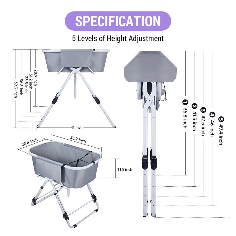 Baignoire de toilettage pliable et réglable pour l'intérieur et l'extérieur