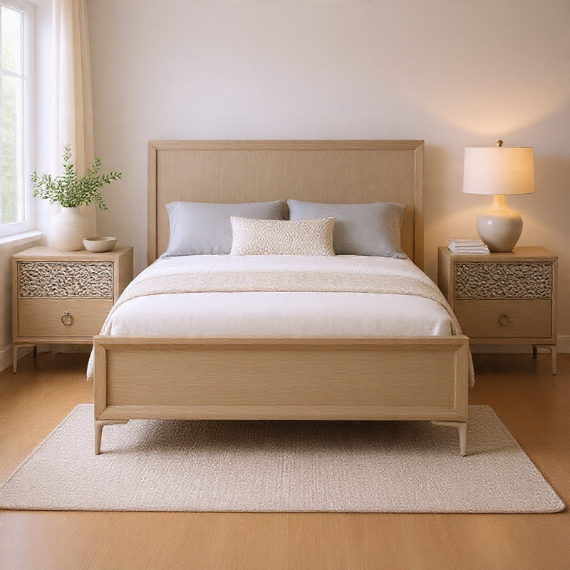 Ensemble de chambre pour grand lit, chêne naturel, argent, champagne, ensemble de 3 pièces avec 2 tables de chevet