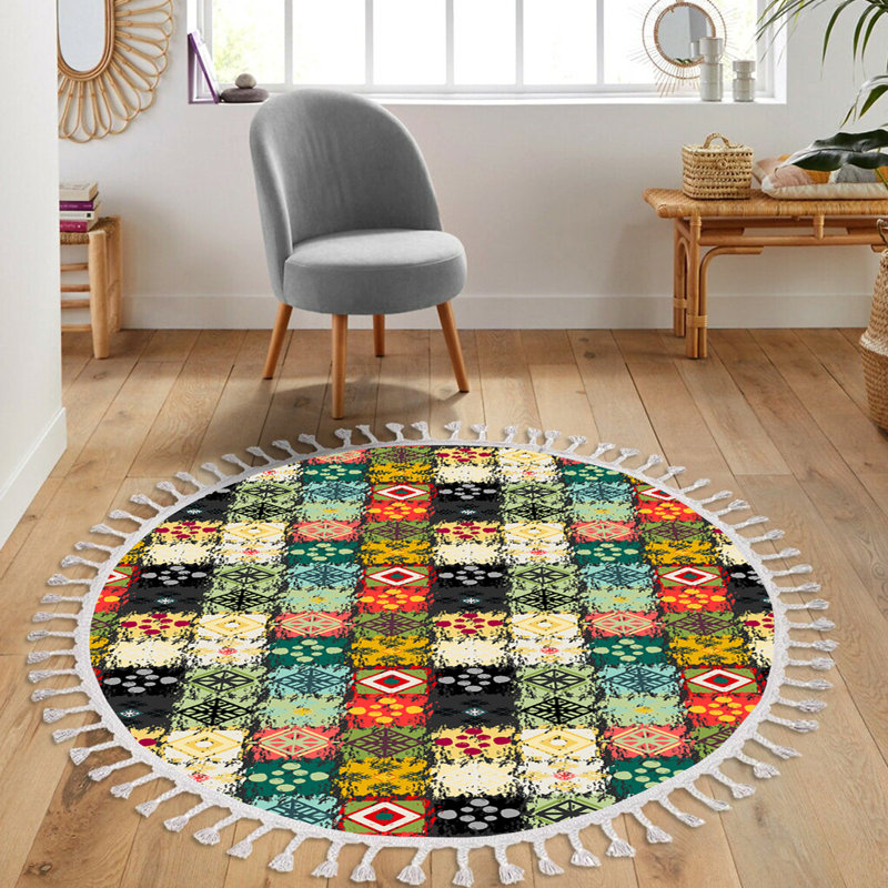 Cotton Geometric Indoor Rug, Round 3'3"
