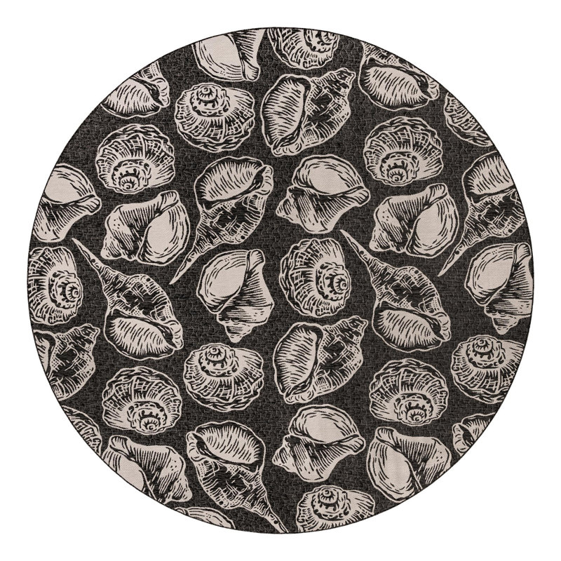 Angelys Machine Made Power Loom Polypropylene Plastic Indoor / Outdoor Area Rug in Black/Beige/White, Round 13'1"