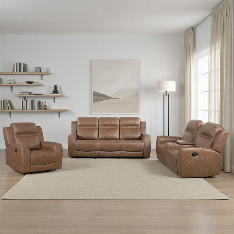 Ensemble de salon inclinable manuel double en microfibre 3 pièces Roybal, Brun