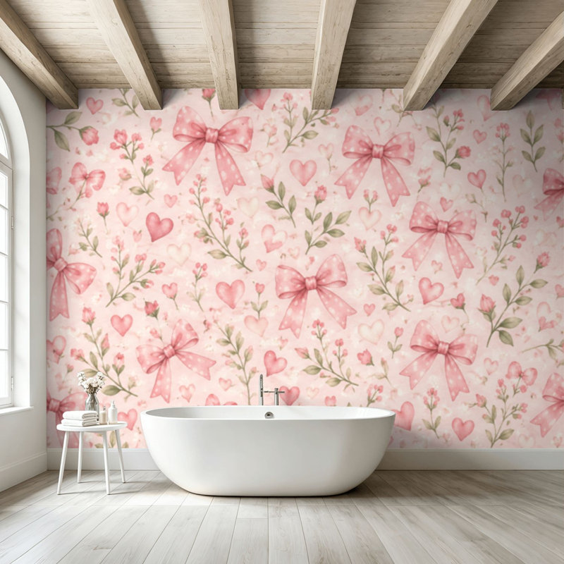 Papier peint adhésif pelez et collez, cœur rose, motif floral, brins botaniques délicats, pastel, art mural, auto-adhésif et amovible